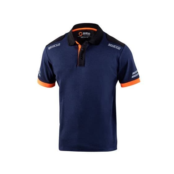 Navy blue polo shirt with fluro orange accents, featuring a collar, short sleeves, and three stripes on the sleeves, made from breathable material, size XL by Sparco.