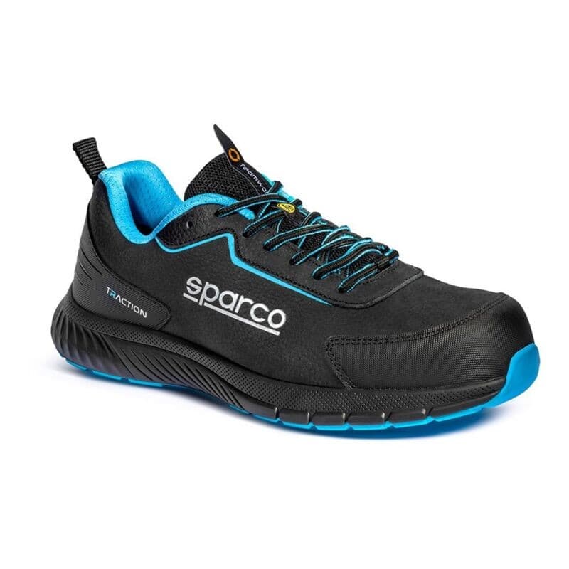 Black nubuck safety shoe with blue accents, featuring a padded collar, lace-up design, and a durable outsole, labeled "Sparco Traction," size 43, suitable for ESD S3 protection.