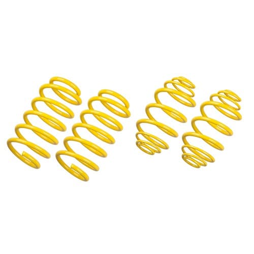 Yellow coil springs designed for lowering vehicles, featuring a smooth finish and a consistent spiral design, with two pairs for front and rear suspension adjustments.