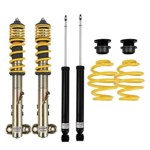 ST Suspension ST XA Coilover Kit featuring yellow coil springs, metallic silver shock absorbers, and black dampers, designed to lower front 30-60mm and rear 30-55mm.