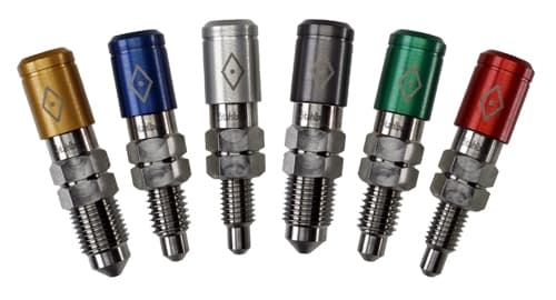Four Stahlbus Speed Bleeder Valves in green, featuring a metal body with a hexagonal base, M10 x 1.00 thread, and a 14mm thread length, designed for easy brake bleeding.