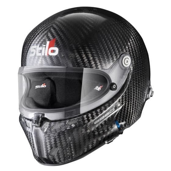 Carbon fiber racing helmet in black with a clear visor, featuring the Stilo logo in red, designed for size S (55cm), showcasing sleek aerodynamic lines and ventilation ports.