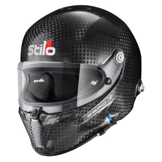 Black carbon helmet with a sleek design, featuring a clear visor, ventilation ports, and the Stilo logo prominently displayed in red and white. Size S (56cm).