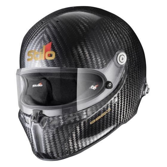Black carbon fiber helmet with a clear visor, featuring the Stilo logo in red and yellow, designed for safety with a snug fit for size S (55cm).