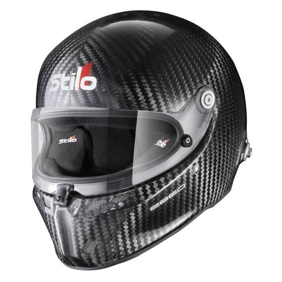 Black carbon helmet with a glossy finish, featuring a clear visor, Stilo logo, and ventilation ports, designed for safety and performance in motorsports, size XS (54cm).
