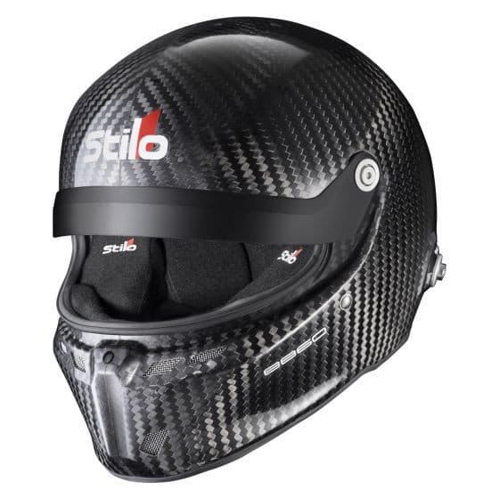 Black carbon fiber helmet with a glossy finish, featuring a sleek design, adjustable visor, and Stilo branding in red, sized XXL (63cm).