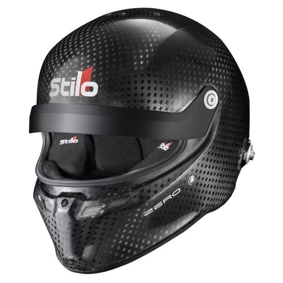 Black carbon helmet with a sleek design, featuring a glossy finish, ventilation holes, and a dark visor, labeled with the Stilo logo and marked as size L (59cm).