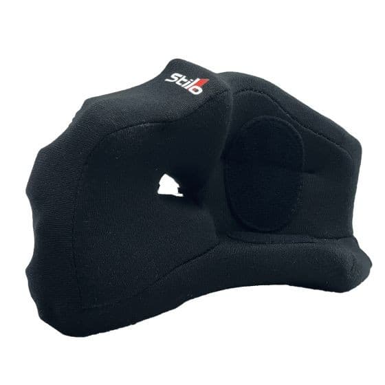 Black Stilo ST6 helmet cheek pads, made of soft fabric with a contoured shape, featuring a circular cutout for comfort and a small Stilo logo in red.