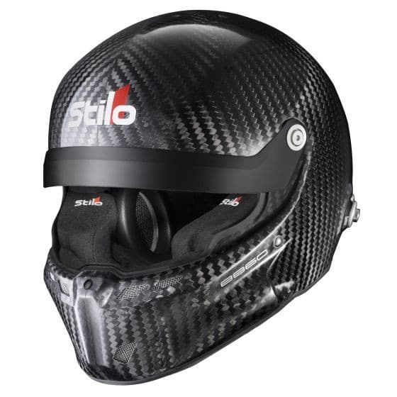 Carbon fiber rally helmet in black with a glossy finish, featuring a sleek design, Stilo branding, and a visor, size XS (54cm).