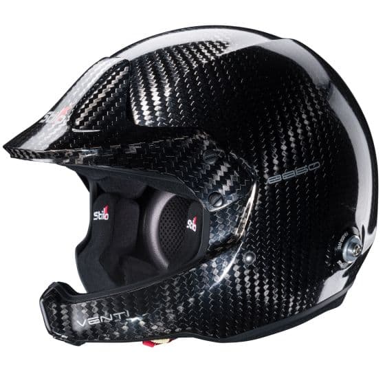 Stilo Venti WRC 8860 Carbon Helmet in a sleek black carbon fiber finish, featuring a streamlined design, ventilation ports, and a comfortable interior, sized XL (61cm).