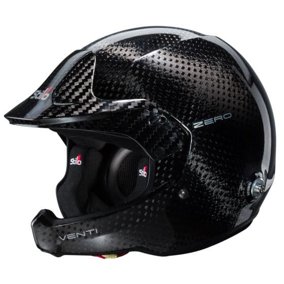 Black carbon fiber rally helmet with a sleek aerodynamic design, featuring ventilation ports, padded interior, and Stilo branding on the side. Size S (55cm).