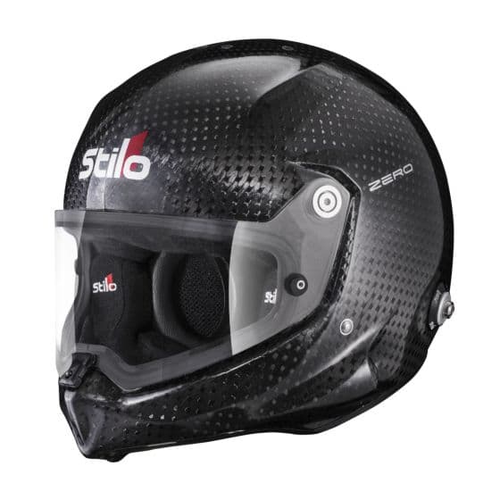 Black carbon helmet with a glossy finish, featuring a clear visor, padded interior, and Stilo branding, designed for motorsport use, size XS (54cm).