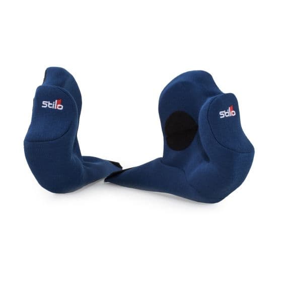 Blue cheek pads for Stilo WRC DES helmet, made of soft material with a contoured shape, featuring a cut-out for ear space and the Stilo logo prominently displayed.