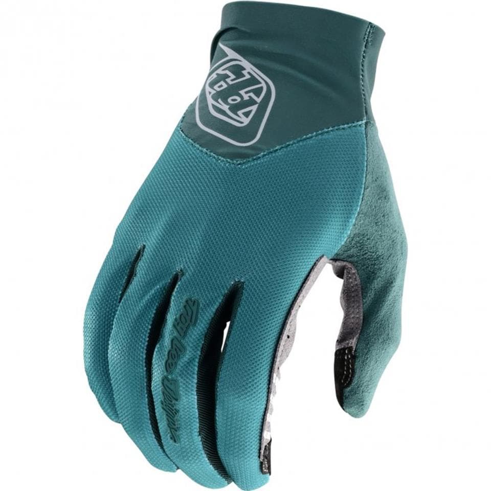 Textile gloves in an ivy green color, featuring a textured palm for grip, a snug fit, and the Troy Lee Designs logo on the back.