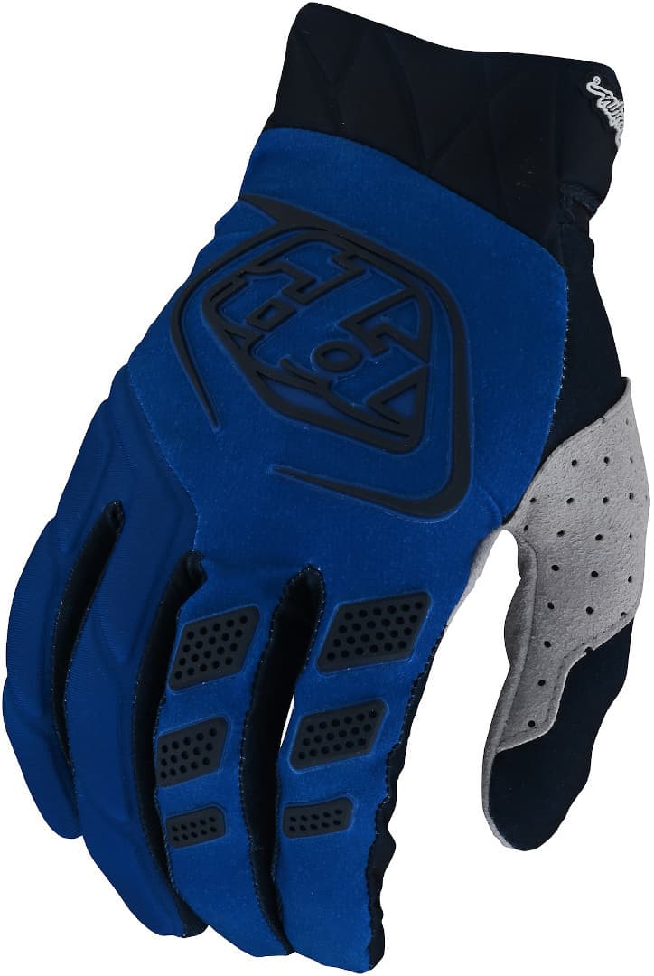 Blue motocross gloves featuring a textured grip, padded knuckles, and a breathable mesh design, with black accents and a logo on the wrist.