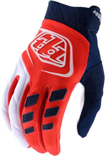 Orange and navy textile gloves featuring a padded palm, ventilated fingers, and a prominent white Troy Lee Designs logo on the backhand.