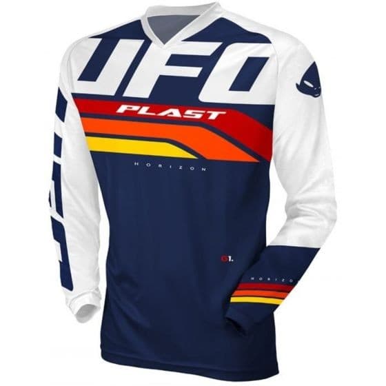 Blue and white long-sleeve jersey featuring bold "UFO" and "PLAST" branding, with vibrant red and yellow stripes across the chest and sleeves.