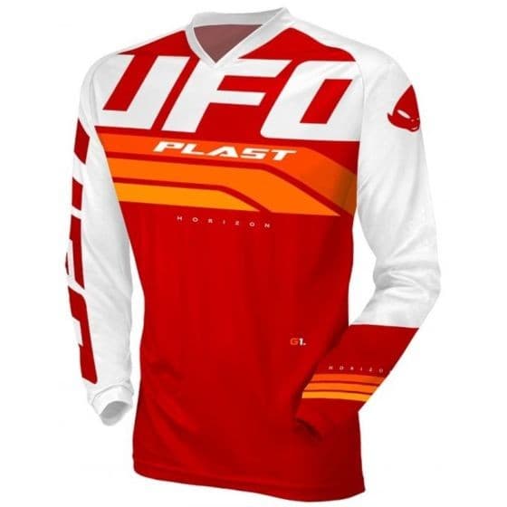 Red and white long-sleeve jersey featuring bold "UFO" branding, a V-neck design, and orange accents, made from breathable material suitable for motocross.