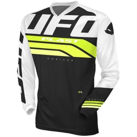 Black and green long-sleeve jersey featuring bold "UFO" branding, white sleeves, and striking neon accents, designed for motocross or off-road use.