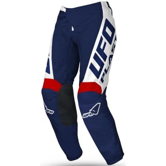Blue and white motocross trousers featuring the UFO logo, red accents, and padded knee areas, designed for durability and performance.
