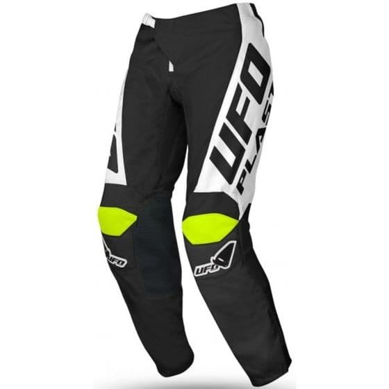 Black and green motocross trousers featuring a sleek design, with bold "UFO" branding, reflective accents, and reinforced knee panels for durability.