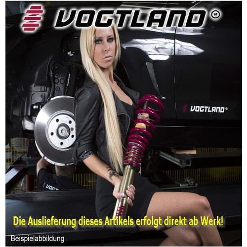 Vogtland Fixed Damping Coilover Kit in vibrant purple and gold, featuring adjustable height settings, showcased alongside a sleek car and a model in a stylish outfit.
