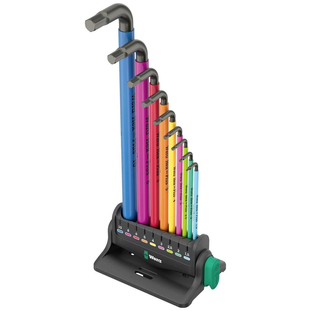 Wera 950/9 Hex-Plus L-key set featuring nine multicoloured keys in blue, pink, orange, and green, housed in a black plastic holder with a green base for easy access.