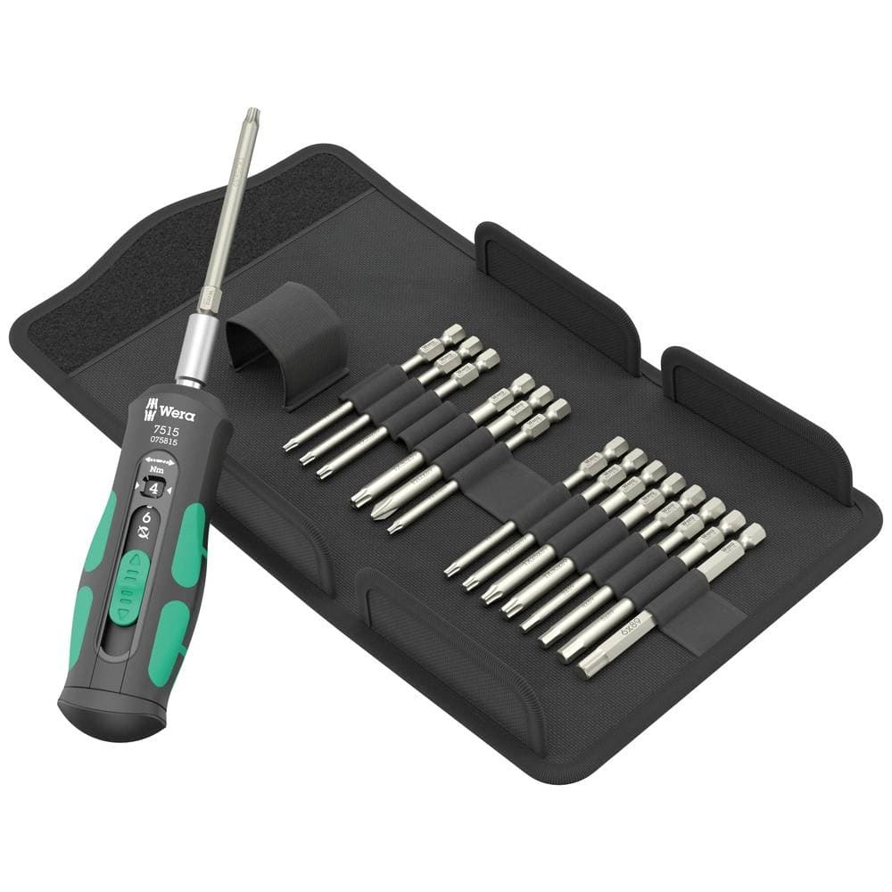 Wera 7515/16 Kraftform Safe-Torque Speed Universal screwdriver set with a black and green handle, featuring a variety of interchangeable bits stored in a compact case.