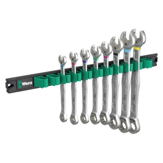 Eight-piece Wera Magnetic Rail 6000 Joker Imperial ratcheting combination wrenches set, featuring chrome-plated steel wrenches with color-coded ends, mounted on a black magnetic rail.