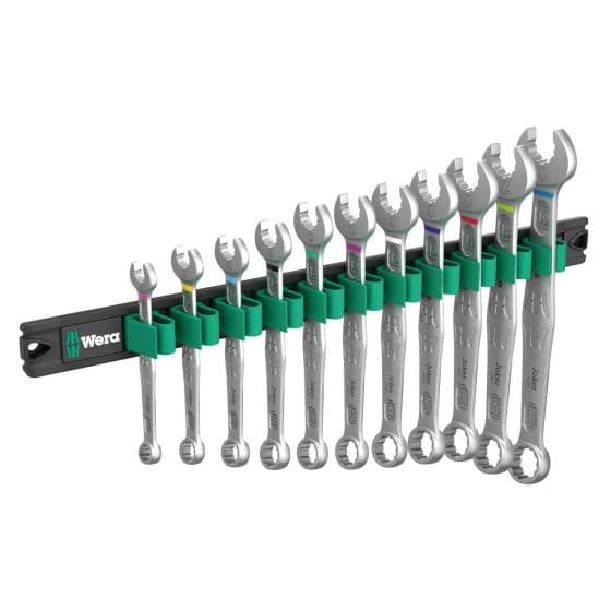 Wera 9640 Mag Rail 6003 Joker Spanner Wrench Set features 12 chrome-plated steel wrenches in varying sizes, mounted on a magnetic rail with green holders for easy organization.