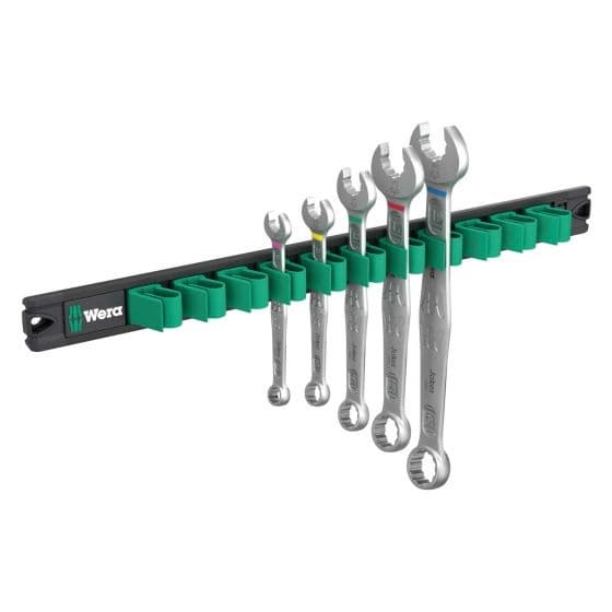 Wera Joker Ring Spanner Set with five chrome-plated spanners in varying sizes, mounted on a black magnetic rail with green holders for easy access and organization.