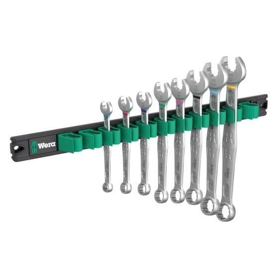 Eight-piece Wera Joker Imperial ring spanner set displayed on a magnetic rail, featuring chrome-plated steel spanners with color-coded ends and a green and black holder.