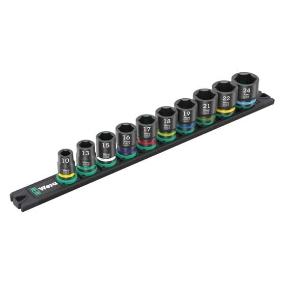 Wera 3/8 in drive impact socket set featuring ten black chrome sockets, labeled with sizes from 10 to 24, mounted on a sturdy black rail with colored bands for easy identification.