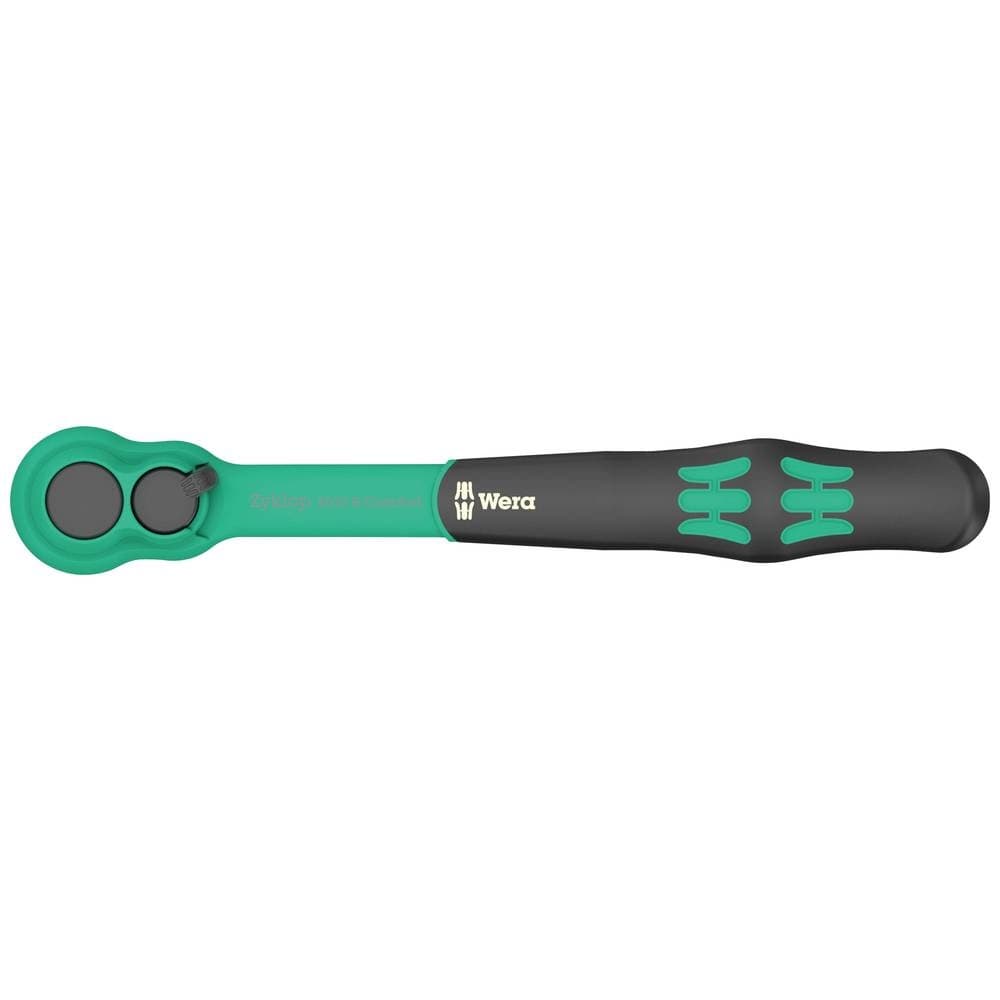 Wera 8010 B Zyklop Comfort Ratchet features a black and green ergonomic handle, a reversing lever, and a durable metal ratchet head for efficient fastening.