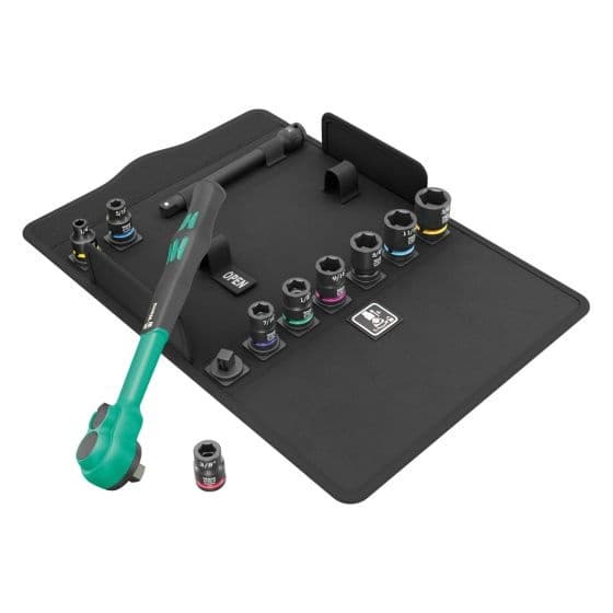 Wera 3/8-inch Imperial Comfort Ratchet Socket Wrench set in black and green, featuring a ratchet handle and 11 colorful, labeled socket sizes arranged on a black tray.