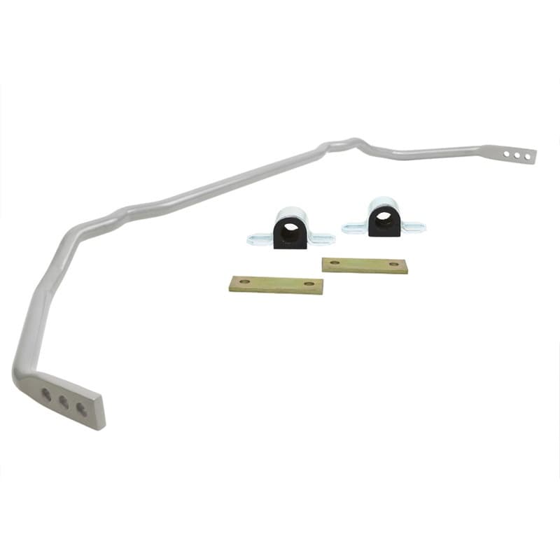 Whiteline Performance adjustable anti-roll bar in white, 18mm diameter, featuring two mounting brackets and bushings for enhanced vehicle stability and handling.