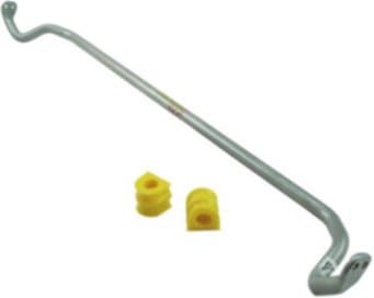 Silver 22mm swaybar with a curved design, featuring two bright yellow polyurethane bushings, designed for Subaru Impreza models from 2002 to 2007.