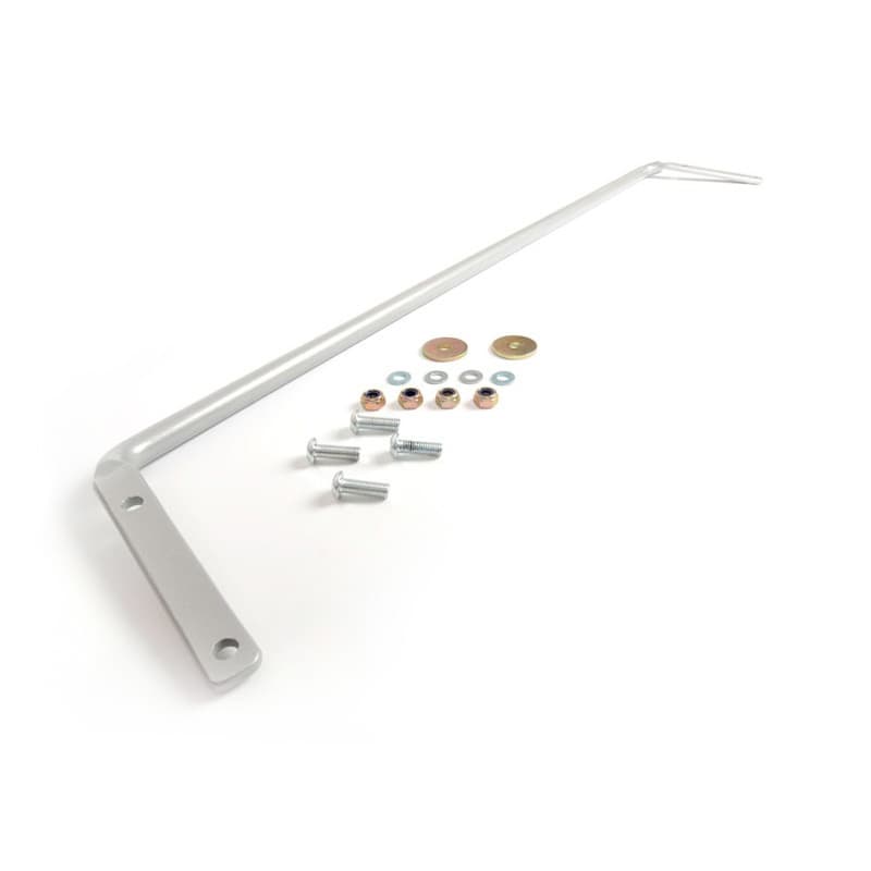 Whiteline Performance 24mm adjustable rear anti-roll bar in silver metal, accompanied by mounting hardware including bolts, washers, and bushings.