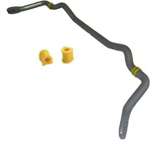 Gray 27mm rear sway bar with yellow bushings, designed for Mitsubishi Lancer models 2008-2015, featuring a curved shape for enhanced stability and performance.