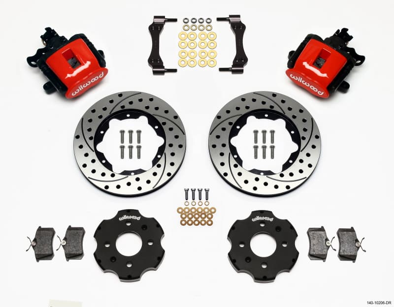 Wilwood 140-10206-DR CPB Rear Disc Brake Kit featuring red calipers, slotted black rotors, brake pads, and mounting hardware, designed for 90-01 Civic/Integra models.