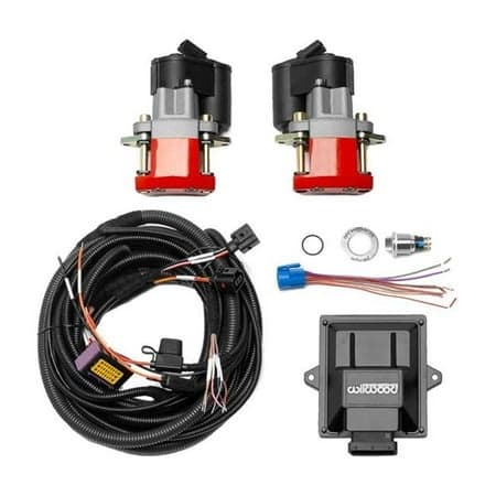 Wilwood Retrofit Electronic Park Brake Kit features two red brake actuators, a wiring harness, and an electronic control module, designed for 1.25-inch (31.75mm) applications.