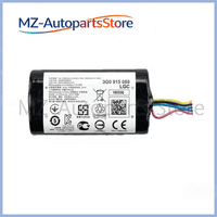 Black cylindrical backup battery with white label, multicolored wires, and product code 3G0915089 for VW infotainment systems.