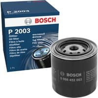 Black Bosch P2003 oil filter with white text, next to blue and white branded box.