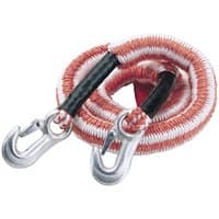Red and white Draper concertina tow rope with metal hooks, 2500Kg capacity.