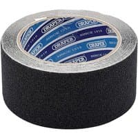 Black Draper safety grip tape roll, 3.7M x 50MM, heavy-duty texture, blue and white branded inner label.
