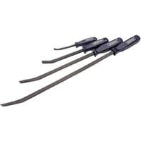 Draper 4 Piece Pry Bar Set with black steel shafts and blue ergonomic handles, various lengths.