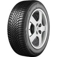 Black Firestone Multiseason 2 tire with deep tread pattern, size 235/65 R17, mounted on a silver alloy wheel.