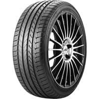 Black Goodyear EfficientGrip tire, 245/45 R18, with rim protection, sleek tread design, mounted on a silver alloy wheel.