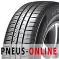 Black Hankook Kinergy Eco2 tire with symmetrical tread pattern and sidewall branding, mounted on a silver alloy wheel.