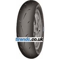 Black Mitas MC35 S-Racer 2.0 motorcycle tire with sleek tread pattern, labeled "tirendo.co.uk" on the side.